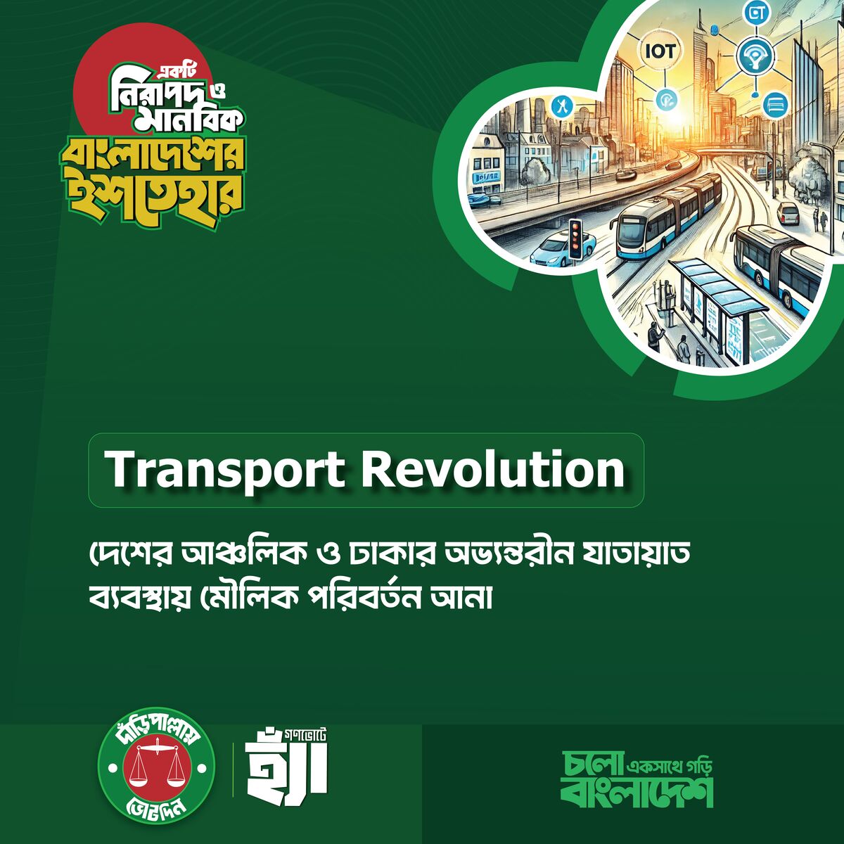 যাতায়াতব্যবস্থাকে ঢেলে সাজানো এবং  বিভাগীয় শহরগুলোর দূরত্ব পর্যায়ক্রমে দুই-তিন ঘন্টায় নামিয়ে আনা